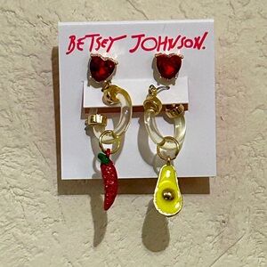 Betsey Johnson Mismatched Avocado & Chili Pepper Charm Huggie Earrings